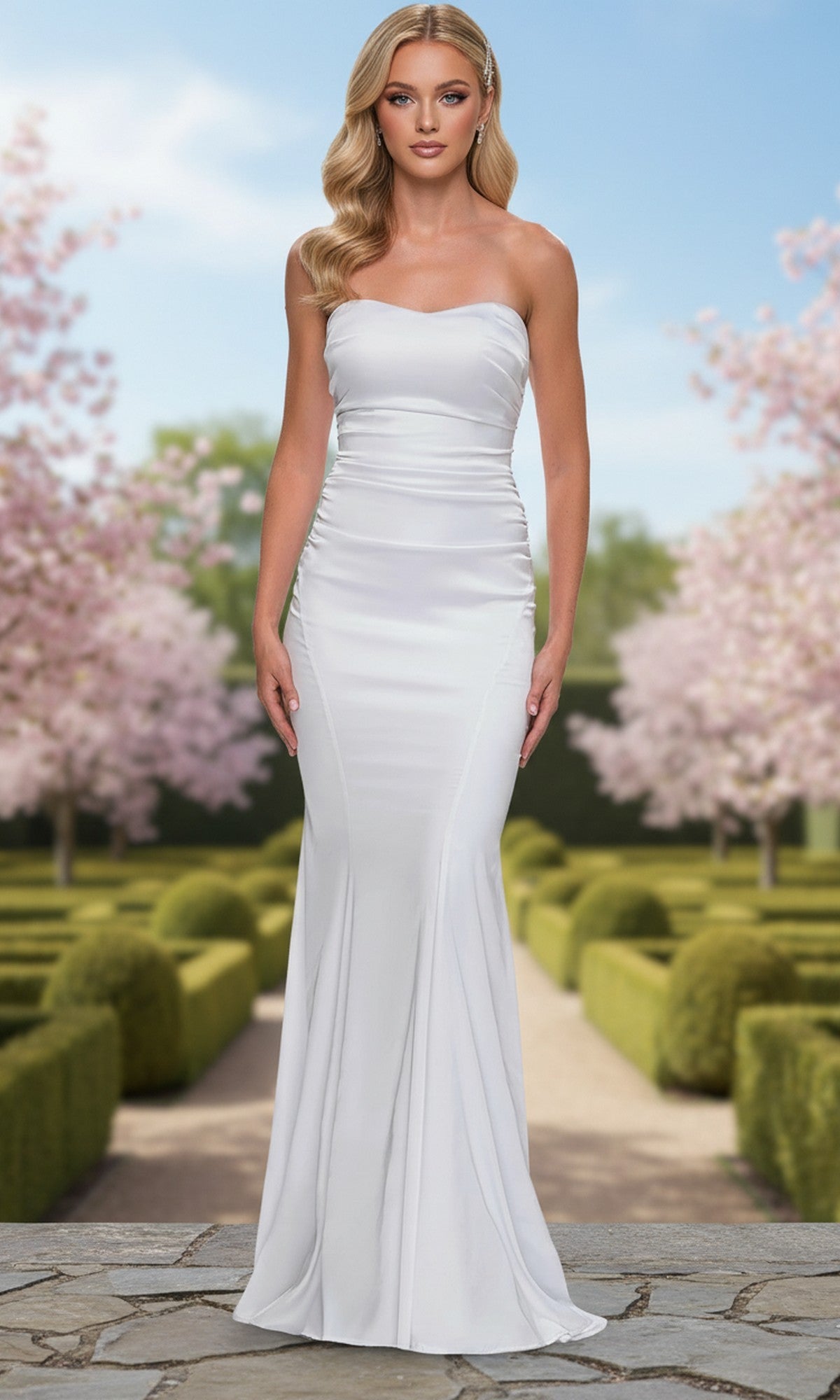 A woman in a white Classic Strapless Tight Prom Gown (La Femme 33546) stands on a stone path in a manicured garden, blooming trees in the background.